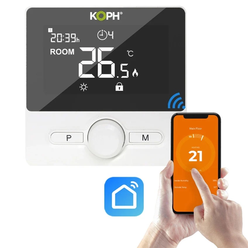 Termostat inteligent KOPH WT-25 pentru centrale termice, WIFI, control prin aplicatie, montaj pe perete sau birou, Alb