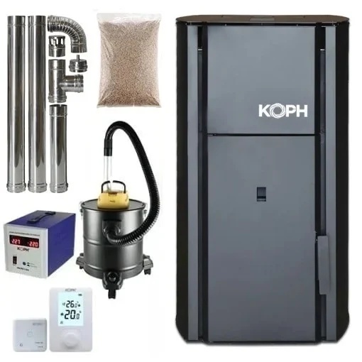 Pachet centrala cu peleti KOPH PM 30 kW, 200 mp, buncar peleti 30 kg, diametru cos fum ⌀80 mm, manta apa 30 litri, pompa recirculare si vas