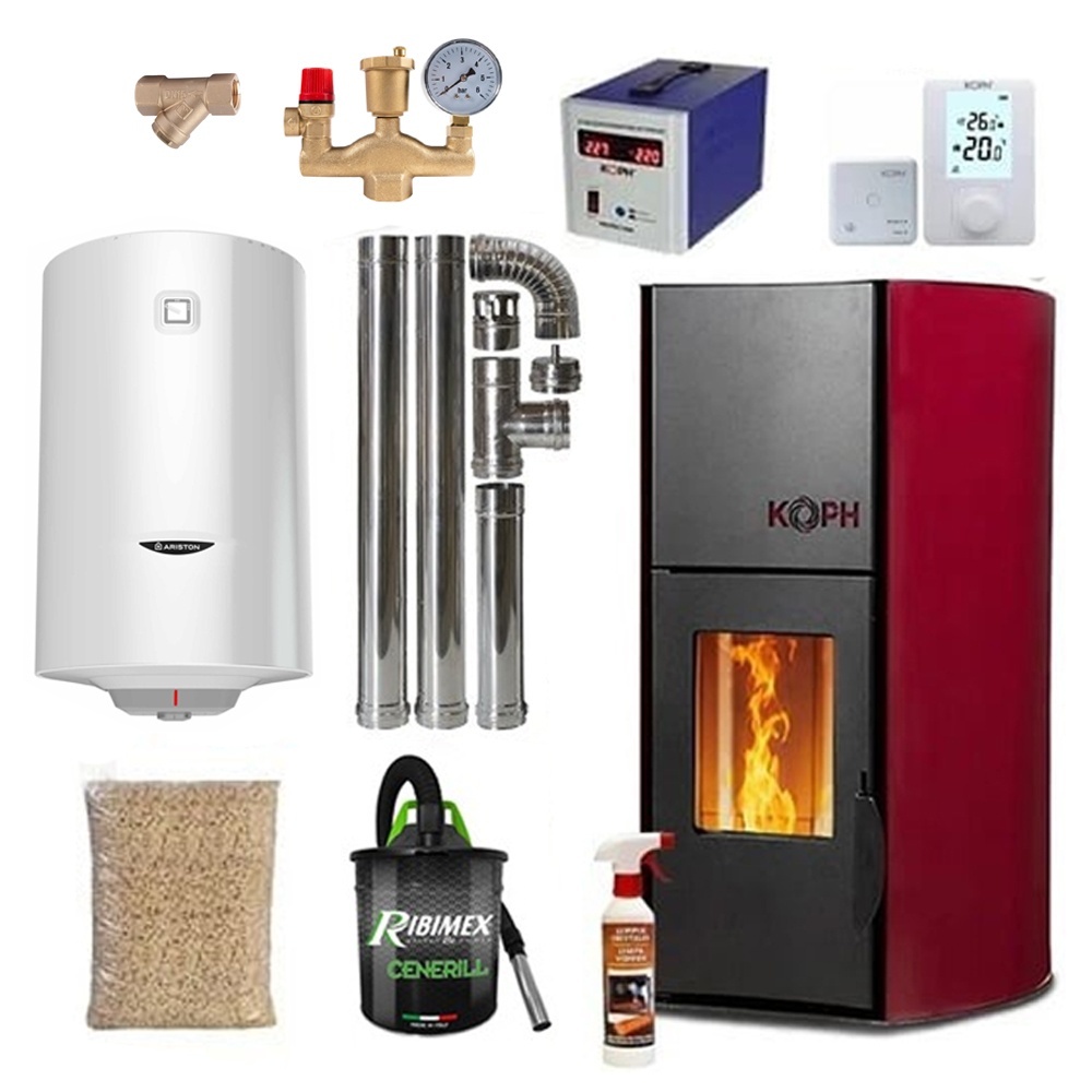 Pachet termosemineu cu peleti KOPH PM 18 kW, 120 mp, buncar 15 kg, diametru cos fum ⌀80 mm, pompa recirculare si vas expansiune incorporate, Bordo,