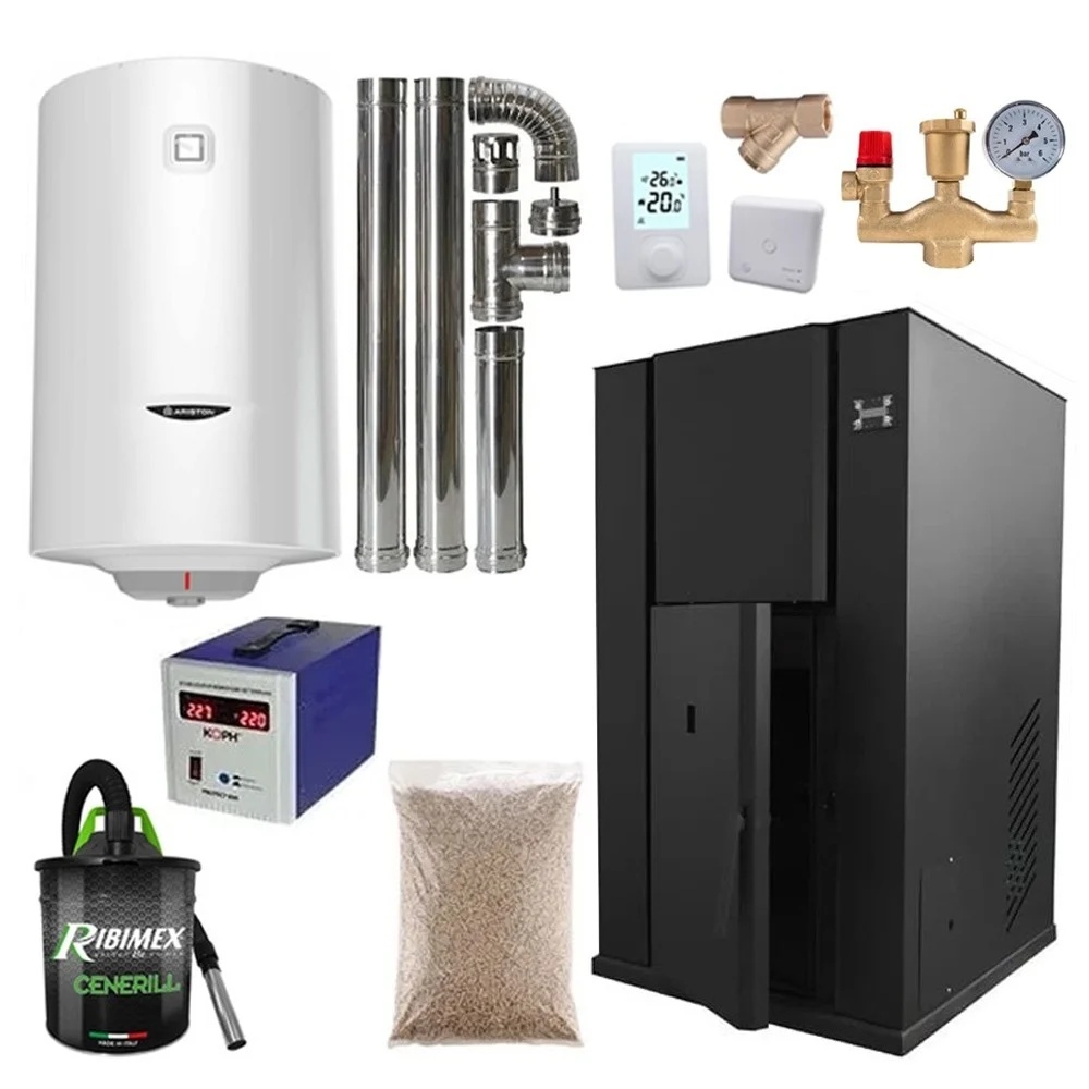 Pachet centrala peleti KOPH PM 35 KW, 230 mp, buncar peleti 80 kg, diametru cos fum ⌀100 mm, pompa recirculare si vas expansiune incorporate, Grup