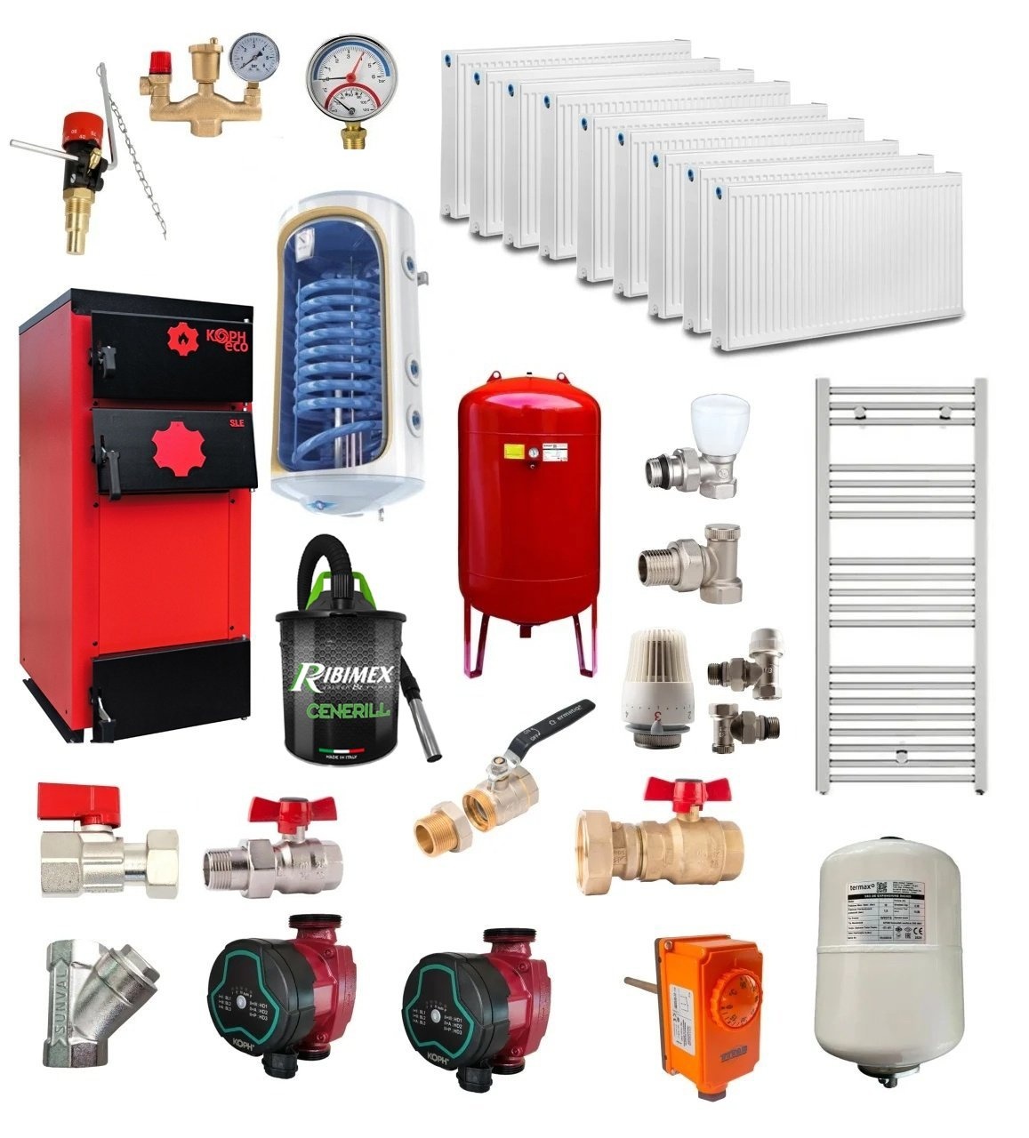 Pachet Centrala/Cazan pe lemn KOPH ECO 40 kW, cu ardere standard, 250 mp, volum manta apa 91 litri, diametru cos fum ⌀179 mm, randament 86%, Boiler