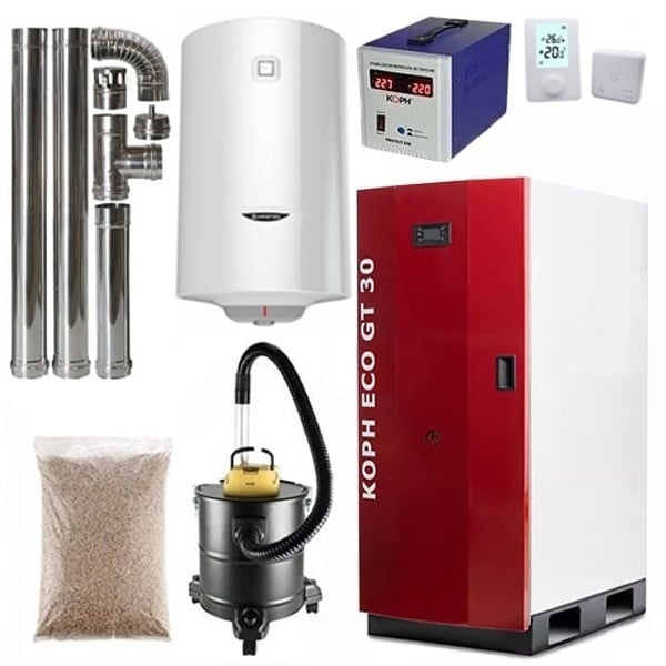 Pachet centrala termica cu peleti KOPH GT 30 kW, pompa de circulatie, vas de expansiune, supapa de siguranta, display electronic, boiler