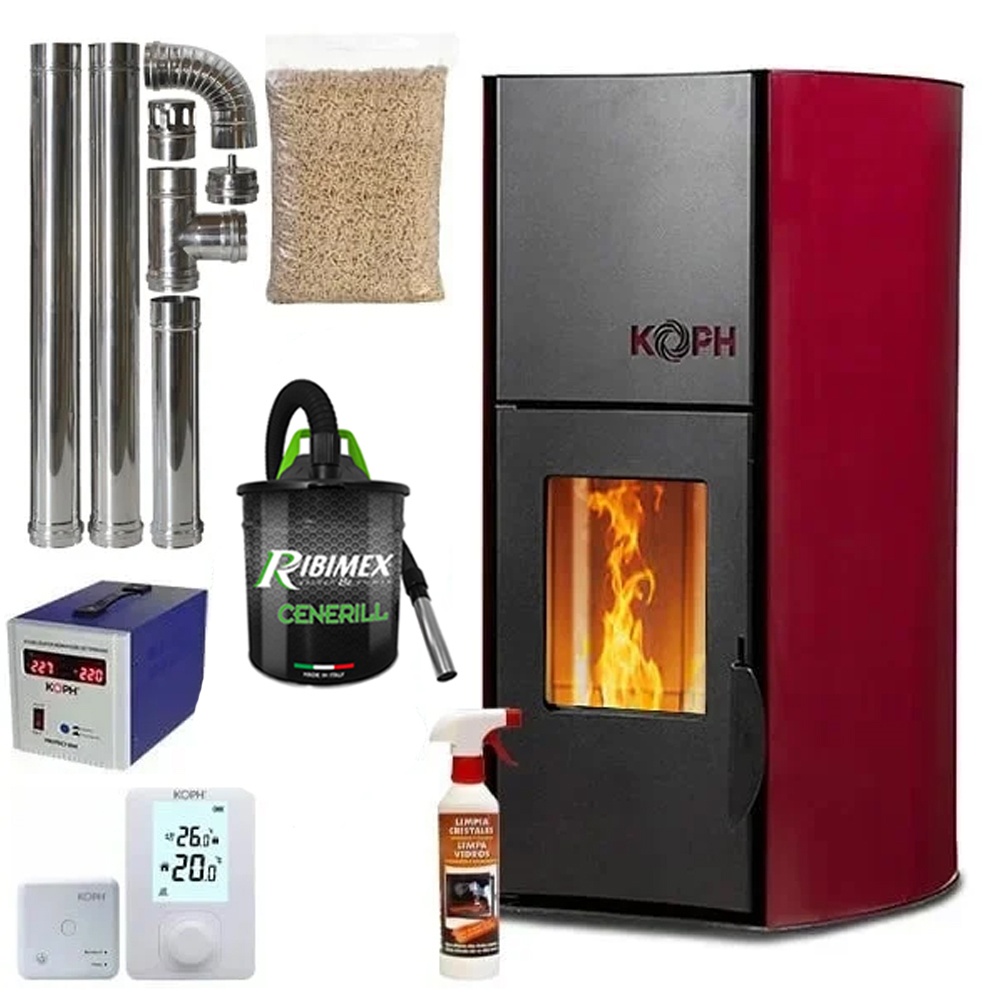 Pachet termosemineu pe peleti KOPH PM 12 kW, 80 mp, buncar peleti 12 kg, diametru cos fum ⌀80 mm, pompa recirculare si vas expansiune incorporate,