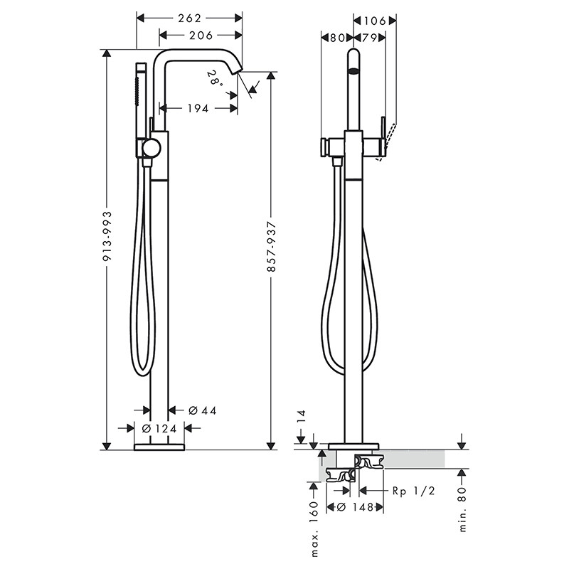 Baterie cadă, Hansgrohe, Tecturis S, pentru căzile freestanding, crom, 73440000 - 2 | YEO
