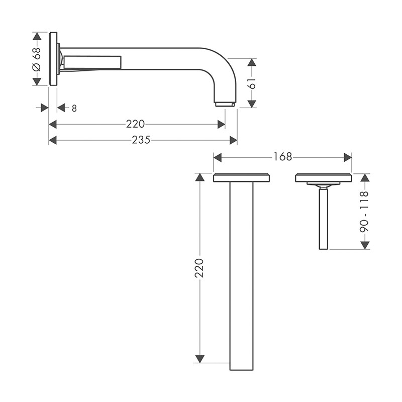 Baterie lavoar cu montaj pe perete, Axor, Citterio, lungime pipă 22 cm, cu ventil, crom, 39116000 - 1 | YEO
