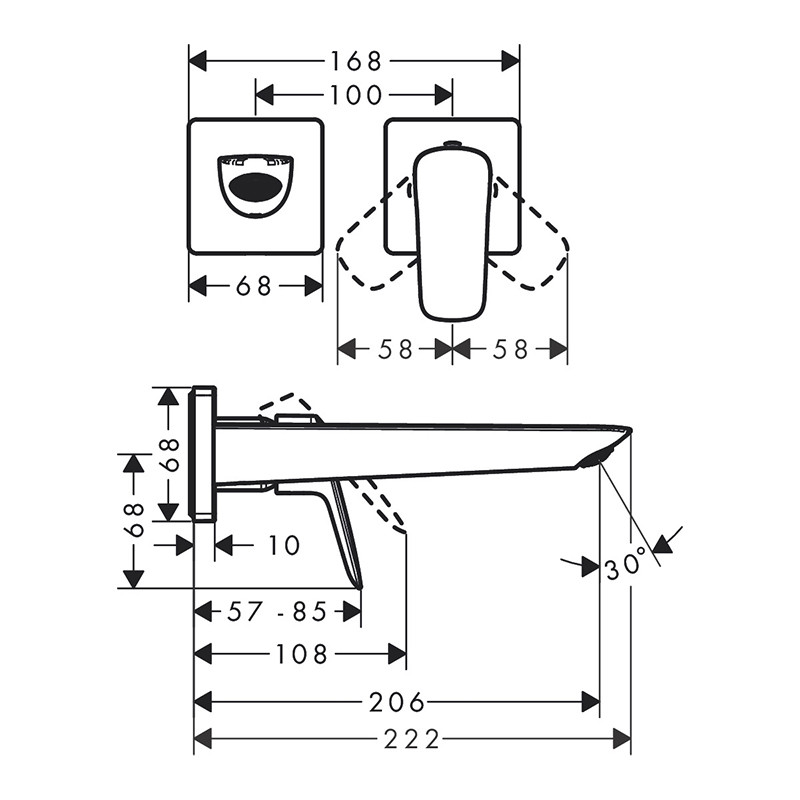 Baterie lavoar, Hansgrohe, Logis, cu montaj pe perete, cu pipa 20,6 cm si ventil, negru mat - 1 | YEO