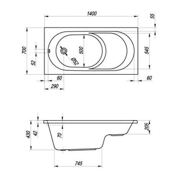 Cada dreptunghiulara Kolpasan, Tamia, acril, alb, 140x70 cm, cu scaun integrat - 1 | YEO