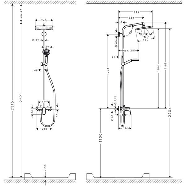 Coloana dus cu baterie fara termostat Hansgrohe, Crometta E 240 1jet, crom - 2 | YEO