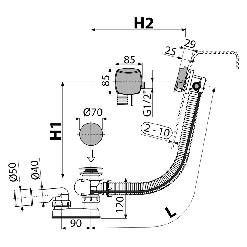 Instalație de cadă automată, Alcadrain, cu sifon și alimentare prin preaplin, lungime 120 mm, crom - 1 | YEO