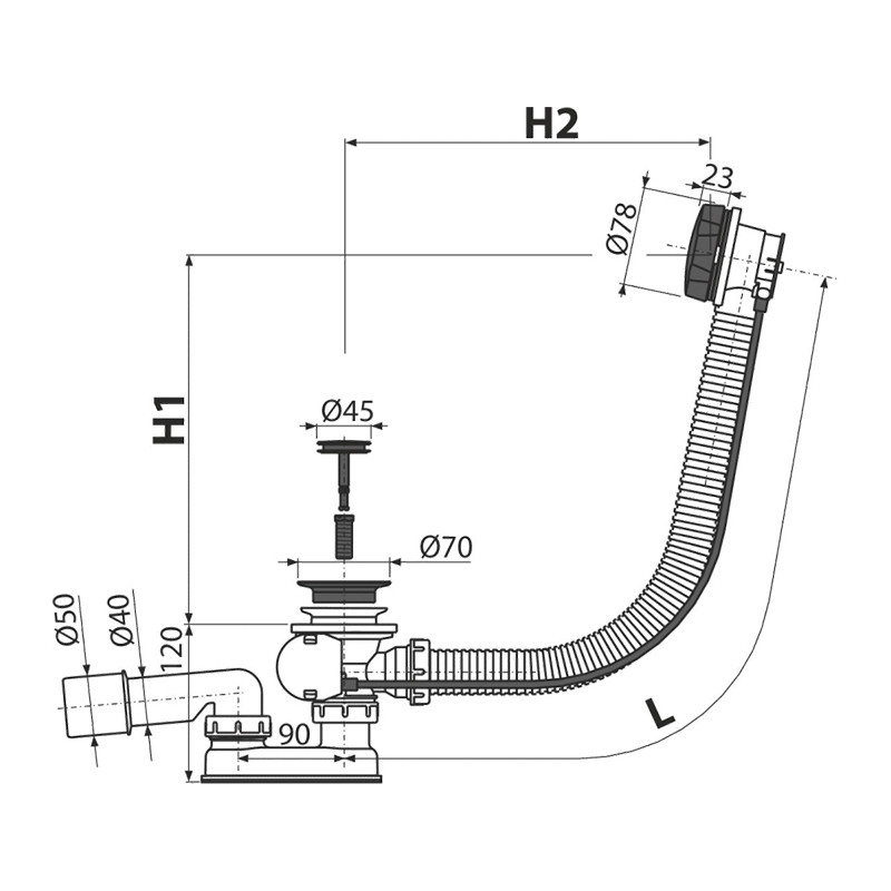 Instalație de cadă automată, Alcadrain, cu sifon și preaplin, lungime 80 cm, negru mat - 1 | YEO