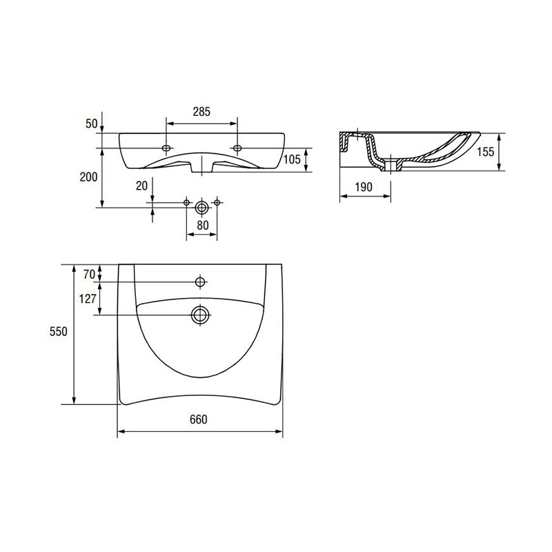 Lavoar suspendat, Cersanit, Etiuda, 66 x 55 cm, destinat persoanelor cu mobilitate redusa, fara logo, alb - 1 | YEO