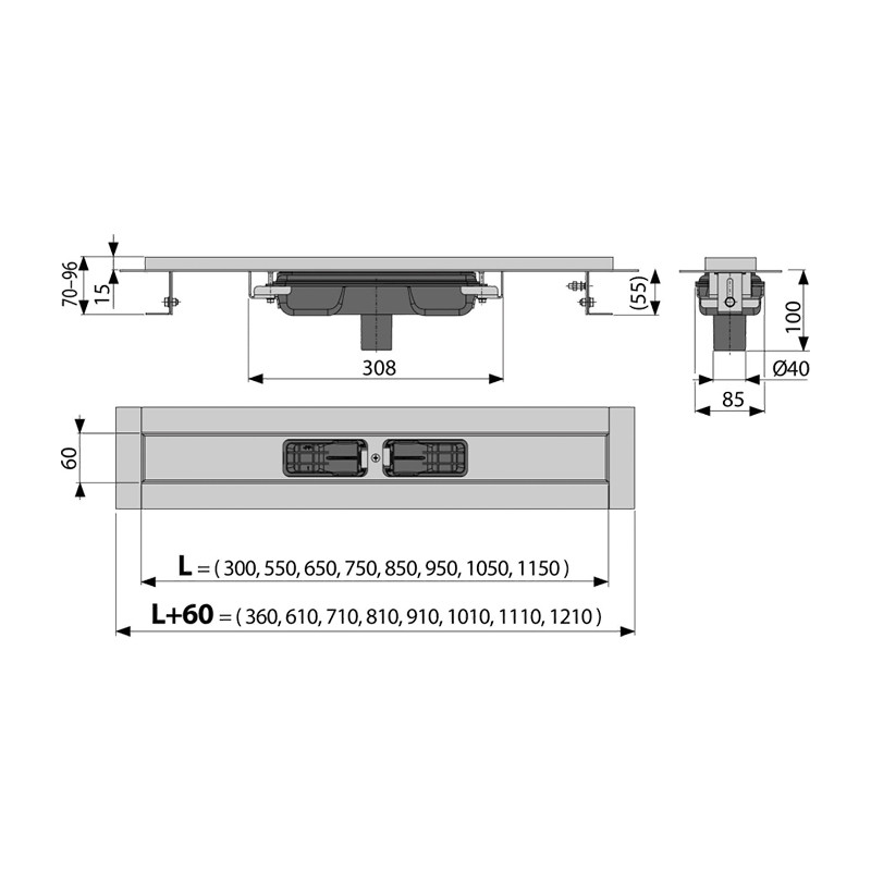 Rigolă de duș, Alcadrain, Low, ieșire verticală, fără grătar, 75 cm - 1 | YEO