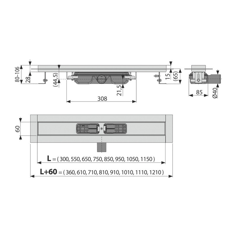 Rigolă de duș, Alcadrain, Professional Low, fără grătar, 30 cm - 1 | YEO