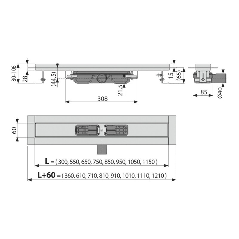 Rigolă de duș, Alcadrain, Professional Low, fără grătar, 85 cm - 1 | YEO