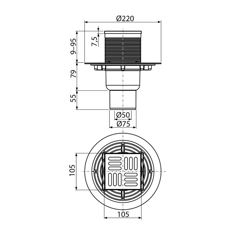 Sifon de pardoseală, Alcadrain, cu ieșire verticală, grătar din oțel inoxidabil, 10,2 x 10,2 cm - 1 | YEO