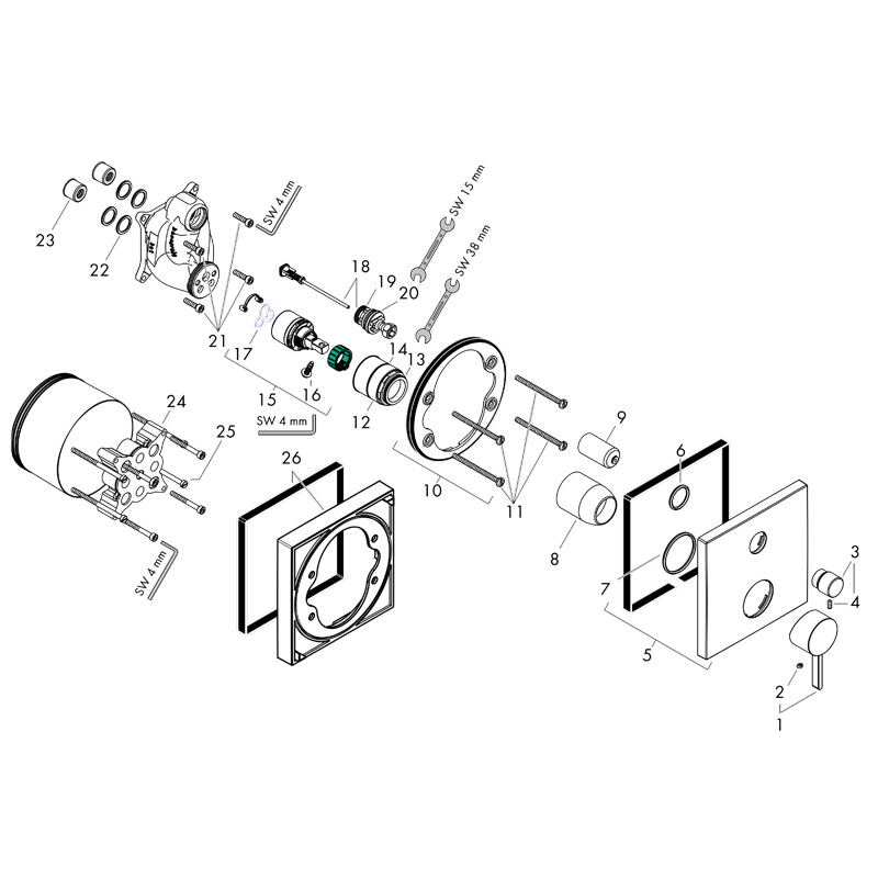 Baterie cada - dus, Hansgrohe, Finoris, crom - 2 | YEO