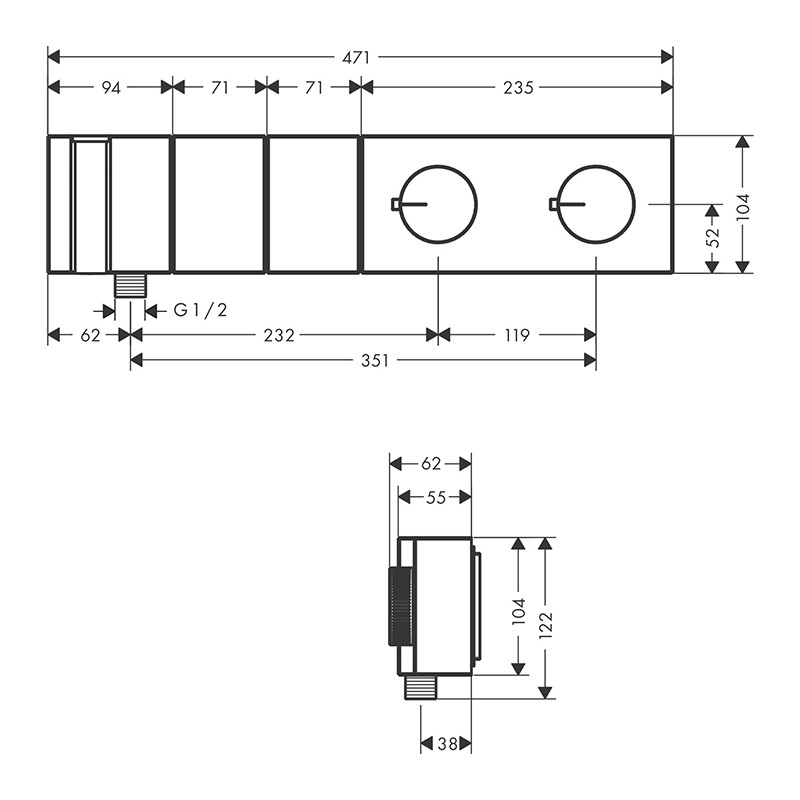 Baterie duș, Axor, Edge, termostatată, 2 funcții, cu pară și furtun de duș, negru cromat lucios, 46700330 - 1 | YEO