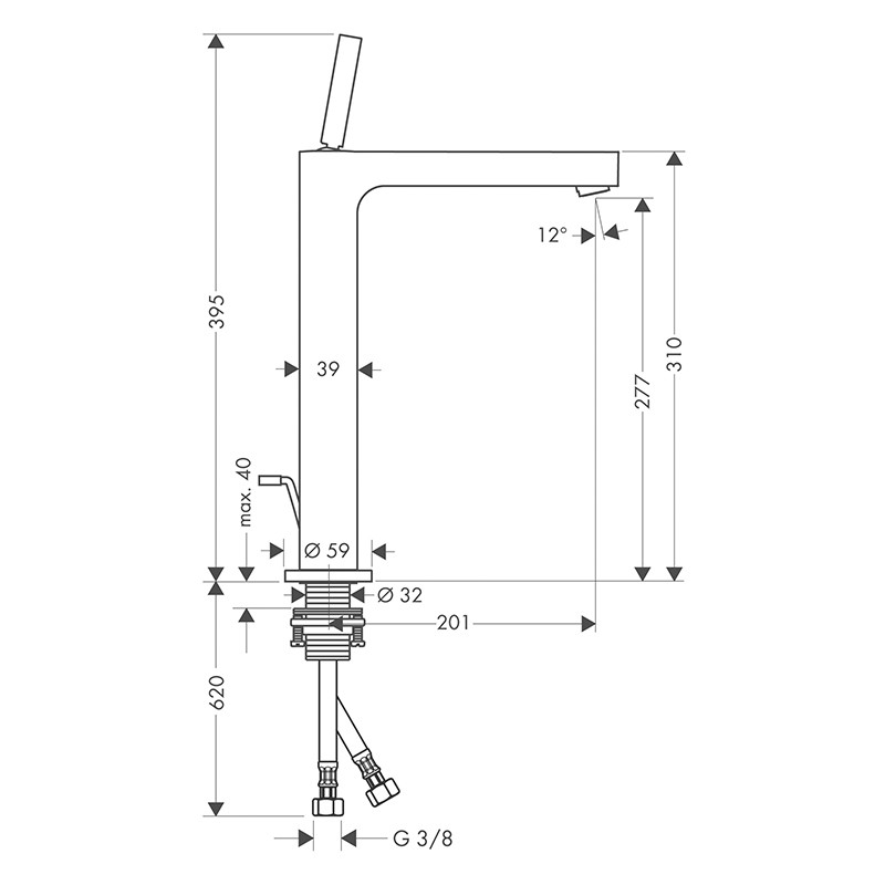 Baterie înaltă lavoar, Axor, Citterio 280, cu ventil, crom, 39020000 - 1 | YEO