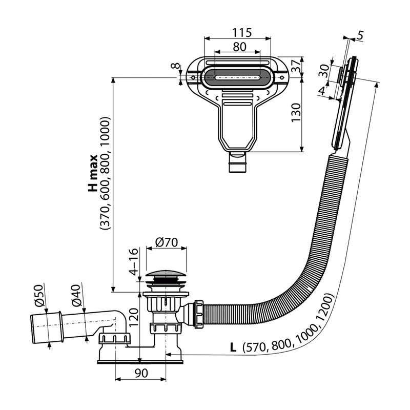 Instalatie de cada, Alcadrain, cu ventil click-clack, preaplin plat, 120 mm, crom - 1 | YEO