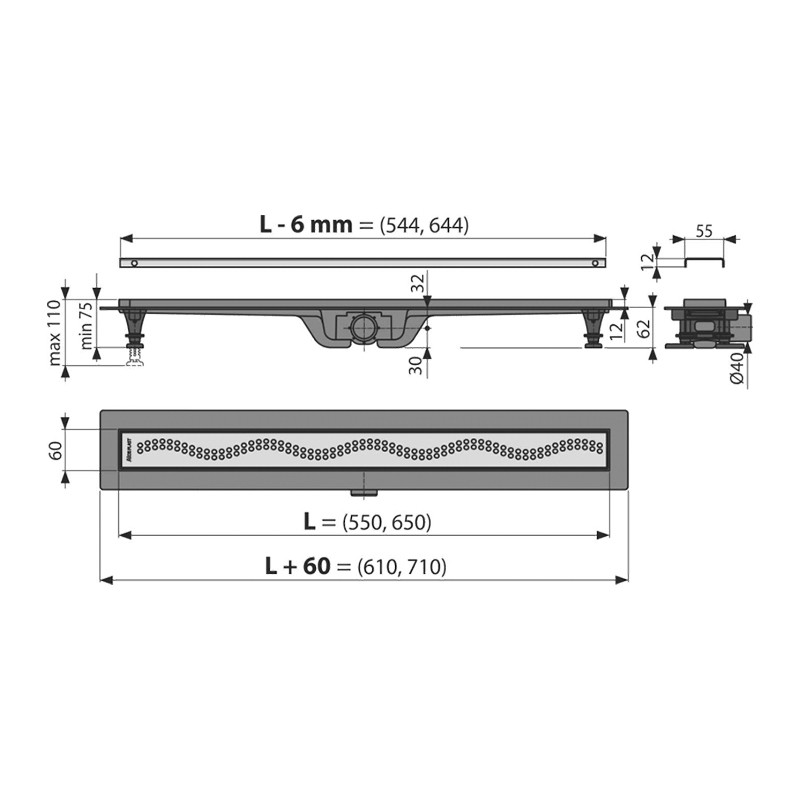 Rigola pentru dus, Alcadrain, Simple, cu capac, 95 cm - 1 | YEO