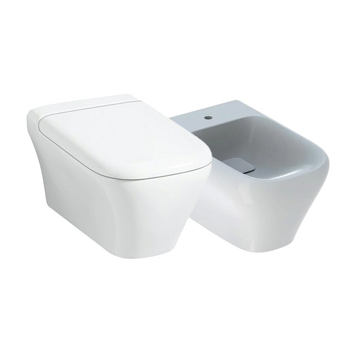 Set Geberit, MyDay, format din vas WC suspendat rimfree, cu capac și bideu, alb