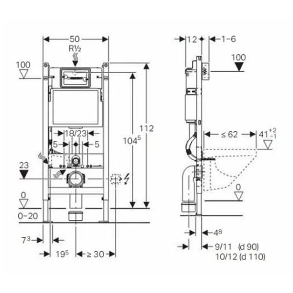 Set rezervor wc incastrat Geberit, Duofix, cu set de fixare si clapeta Delta 51 crom, pentru vas WC suspendat - 1 | YEO
