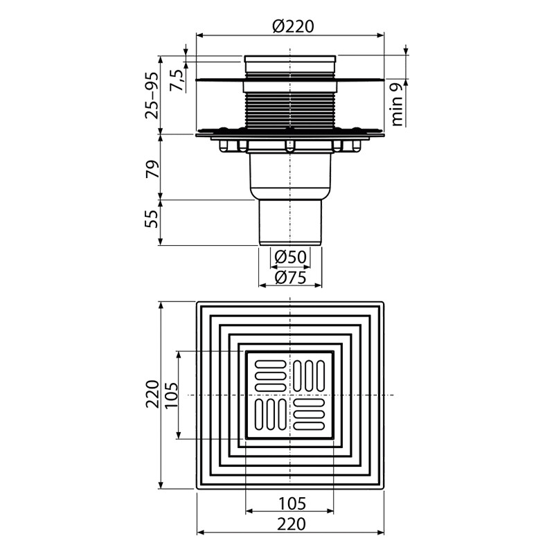 Sifon de pardoseala, Alcadrain, cu iesire verticala, pentru interior si exterior - 1 | YEO