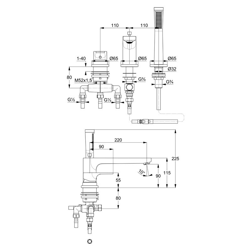 Baterie cadă - duș, Kludi, Zenta SL, cu montaj pe marginea căzii, crom - 1 | YEO