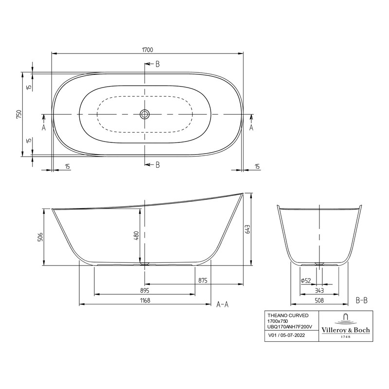 Cada freestanding, Villeroy & Boch, Theano, 170 x 75 cm, alb mat - 2 | YEO