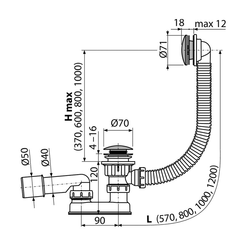 Instalație de cadă, Alcadrain, cu ventil click-clack, 100 mm, crom, - 1 | YEO