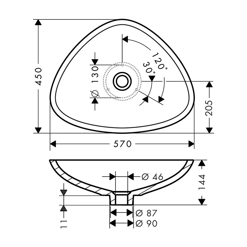 Lavoar pe blat, Axor, Massaud, asimetric, 57 x 45 cm, alb, 42305000 - 1 | YEO