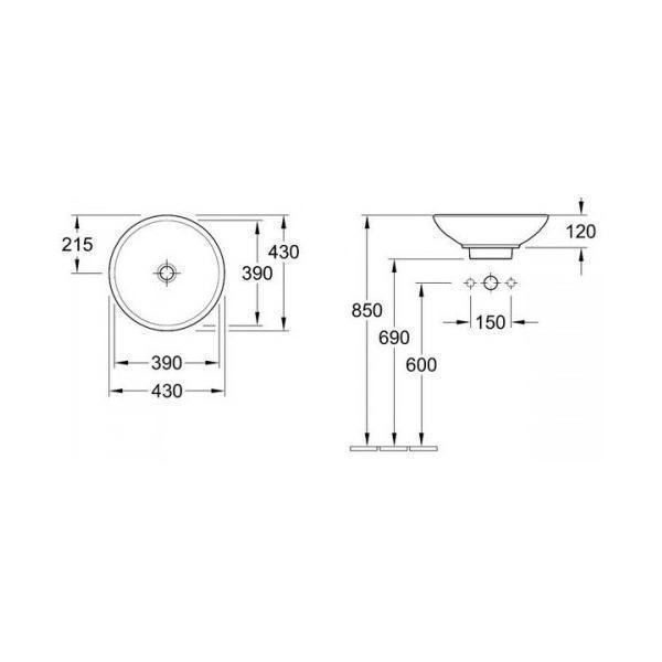 Lavoar pe blat Villeroy & Boch, Loop & Friends, rotund, fara orificiu pentru baterie, 43 cm, alb alpin - 1 | YEO