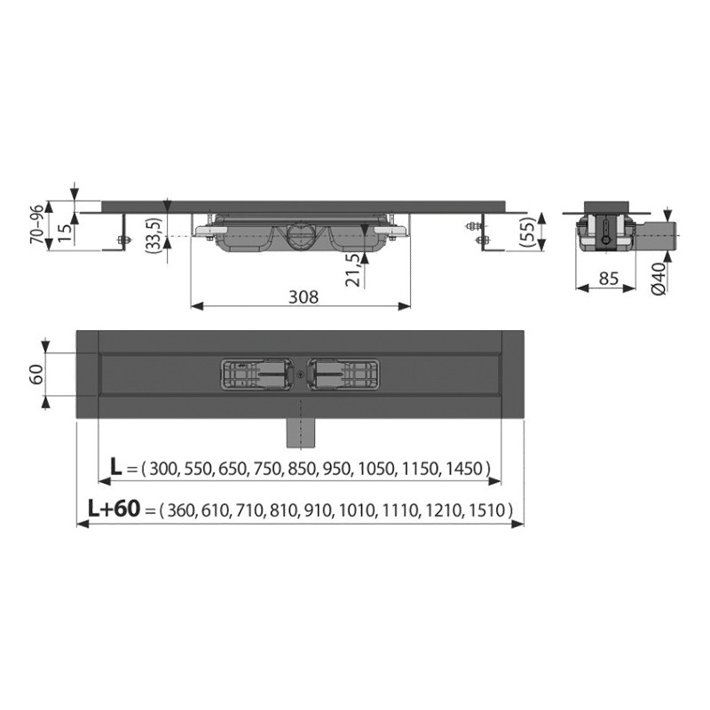Rigolă de duș, Alcadrain, Low, fără grătar, 55 cm, negru mat - 1 | YEO