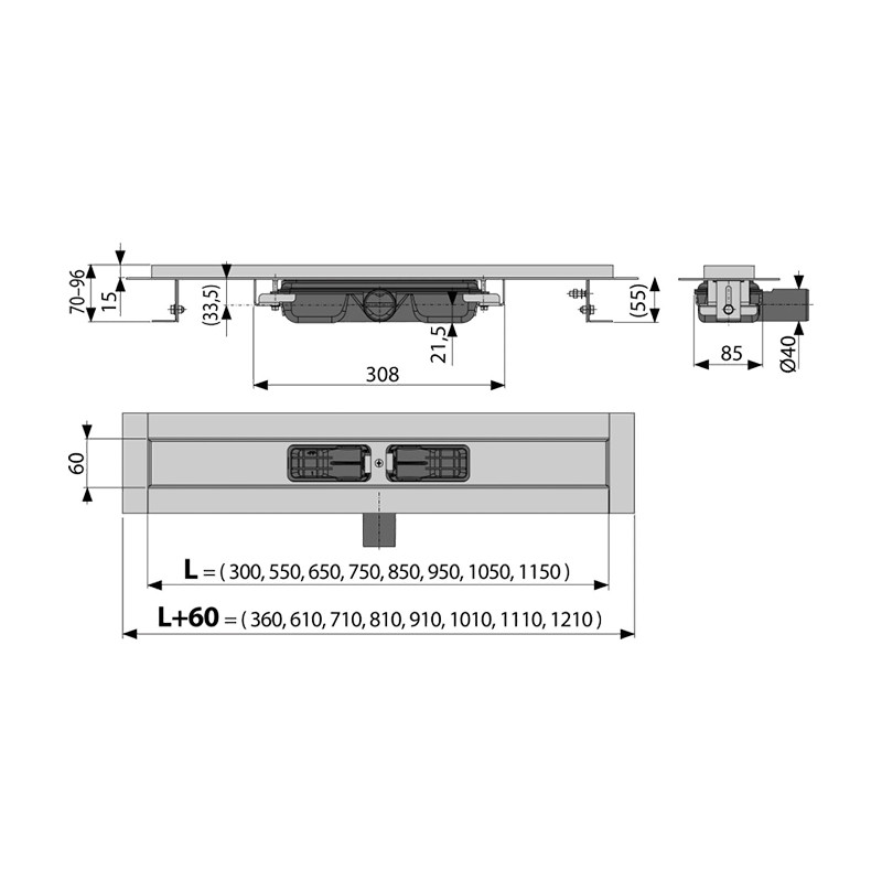 Rigolă de duș, Alcadrain, Low, fără grătar, 85 cm - 1 | YEO