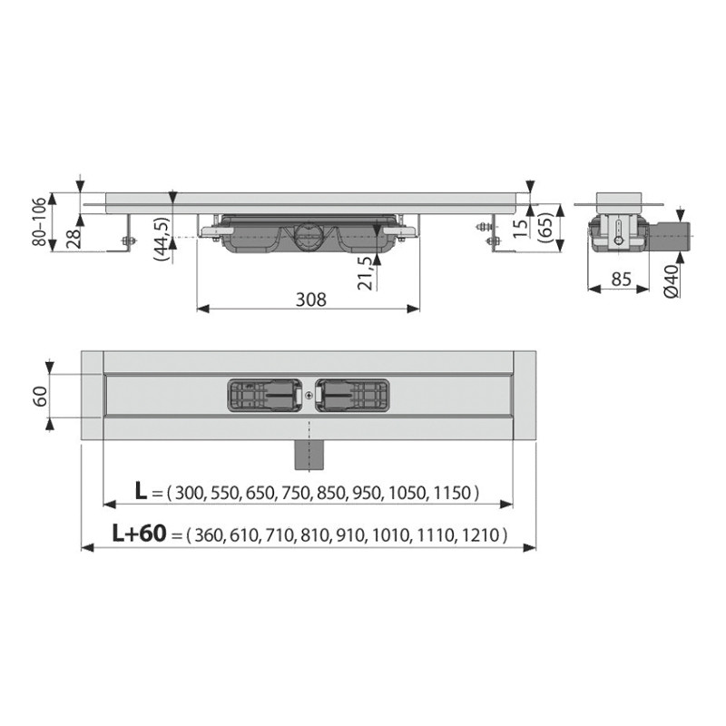 Rigolă de duș, Alcadrain, Professional low, fără grătar, 55 cm - 1 | YEO