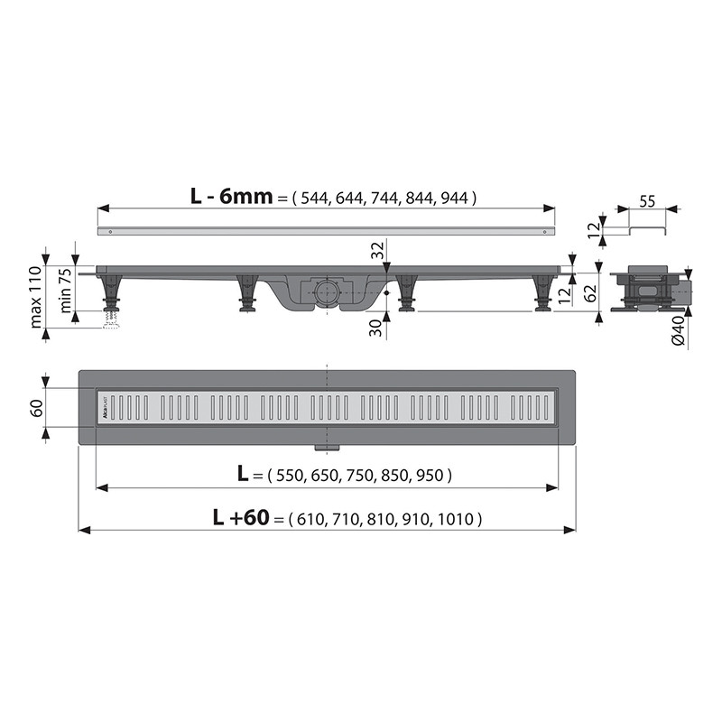 Rigola pentru dus, Alcadrain, Simple, cu gratar, 95 cm - 1 | YEO