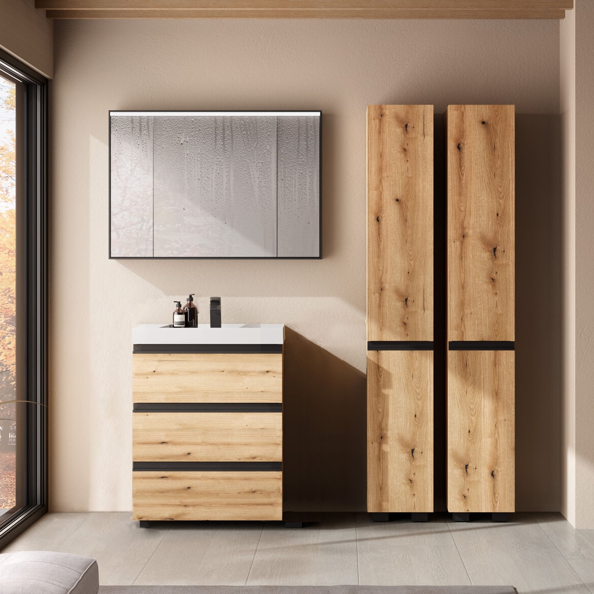 Set mobilier stativ cu lavoar Kolpasan, Harmony 70 cm, 3 sertare, bronze oak - 1 | YEO
