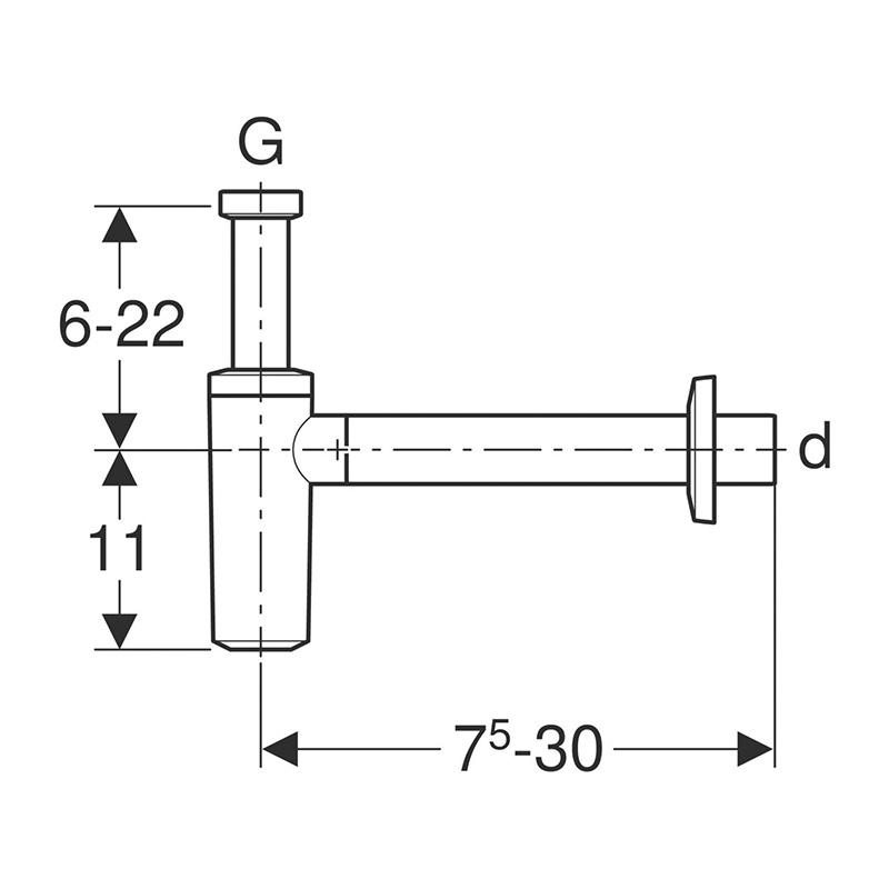 Sifon lavoar, Geberit, garnitură de racordare, cu rezemătoare de perete, Ø32 mm negru mat - 1 | YEO