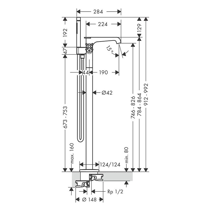 Baterie cadă, Axor, Citterio E, pentru căzi freestanding, cu pară de duș și furtun, alamă periată, 36416950 - 1 | YEO
