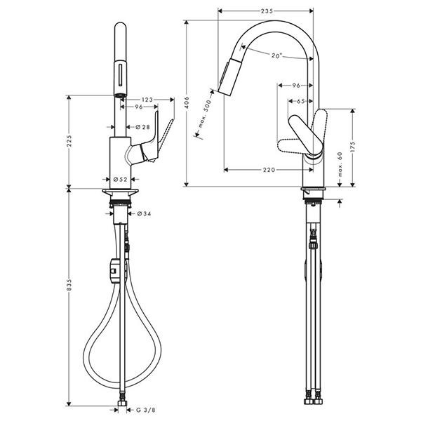 Baterie de bucatarie, Hansgrohe, Focus M41 240, monocomanda cu pipa extractibila, crom - 2 | YEO