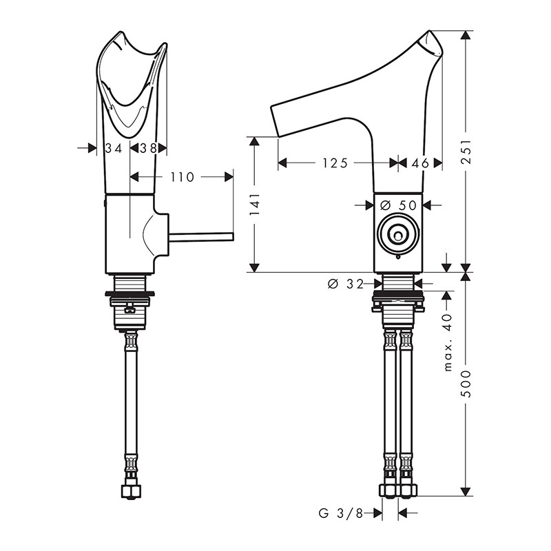 Baterie lavoar, Strack V 140, cu pipă din sticlă de cristal, ventil, crom, 12112000 - 1 | YEO