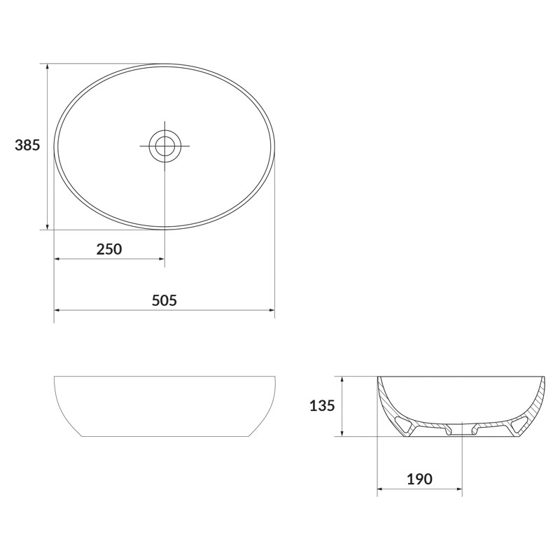 Lavoar pe blat, Cersanit, Larga, oval, 50 cm, antracit mat - 2 | YEO