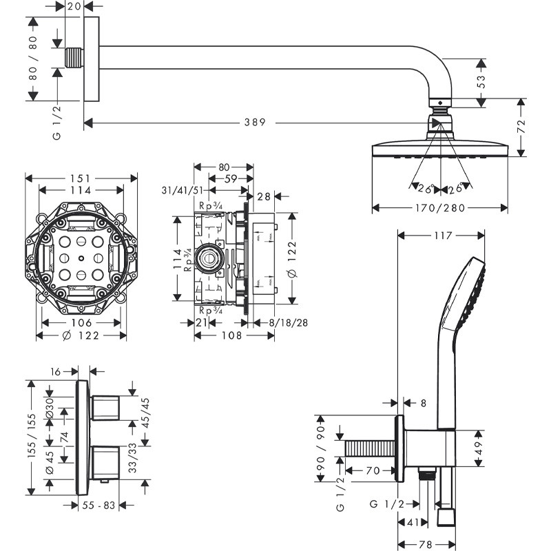 Set dus Hansgrohe, Croma E 280 ShowerSelect, baterie cu termostat Ecostat E, 1 jet, crom - 3 | YEO
