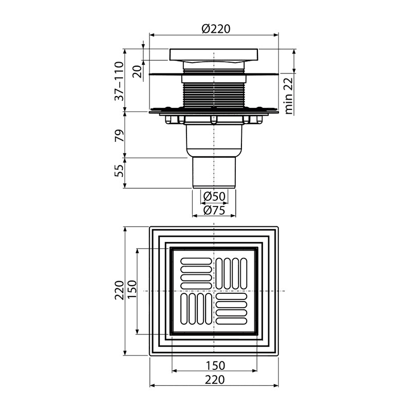 Sifon de pardoseală, Alcadrain, cu ieșire verticală, grătar din oțel inoxidabil și flanșă metalică - 1 | YEO