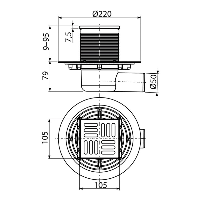 Sifon de pardoseală, Alcadrain, ieșire laterală, grătar din oțel inoxidabil, sistem anti-miros - 1 | YEO