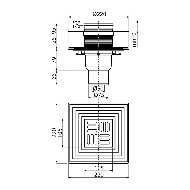 Sifon de pardoseală, Alcadrain, ieșire verticală, flanșă metalică, grătar din oțel inoxidabil - 1 | YEO