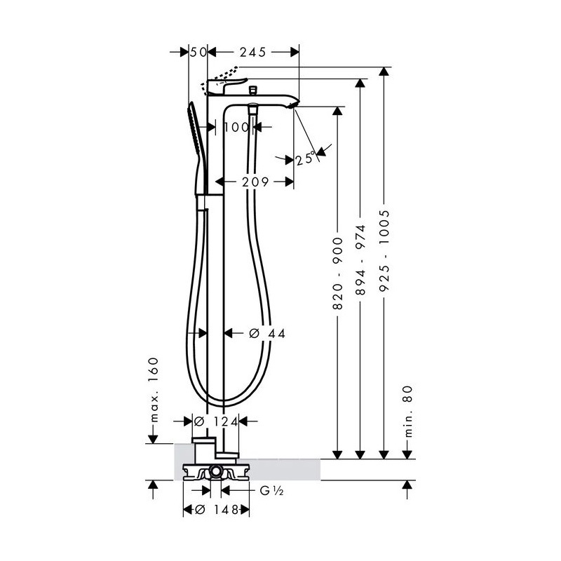 Baterie de cadă stativă Hansgrohe, Metris, h 97.4 cm, cu duș de mână crom - 3 | YEO