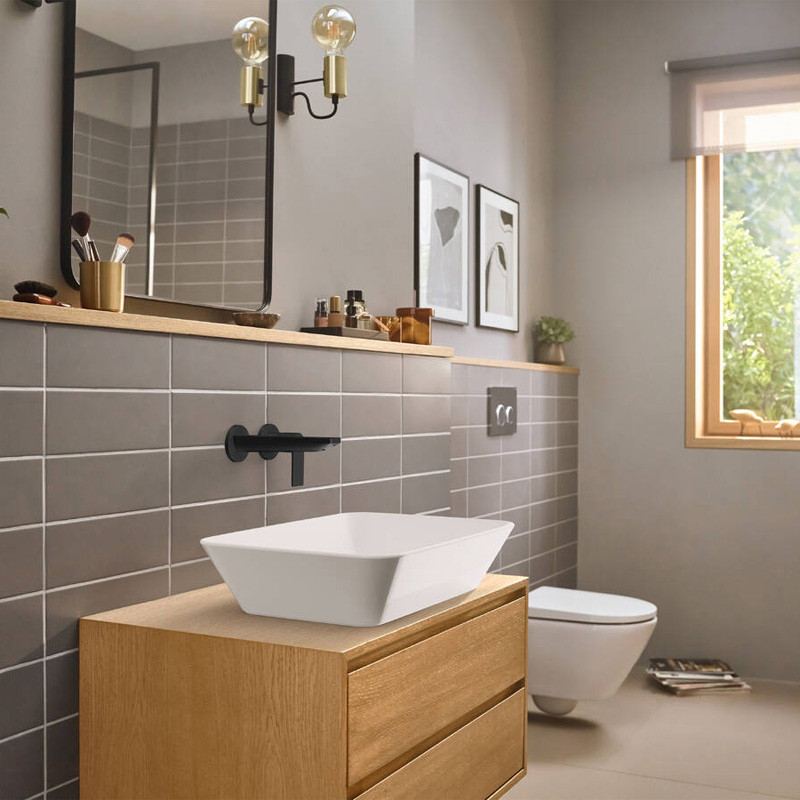 Baterie pentru lavoar Hansgrohe, Rebris E, montaj pe perete, cu ventil, pipa 200 mm, negru mat - 2 | YEO