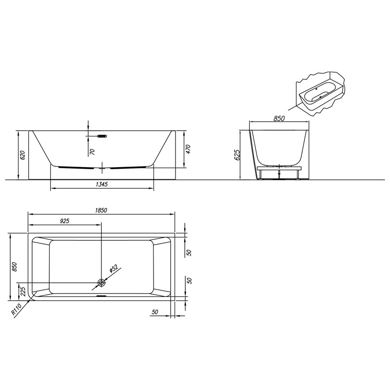 Cada dreptunghiulara, Kolpasan, Elektra-SP-L, montaj pe stanga, 185 x 85 cm, alb - 2 | YEO