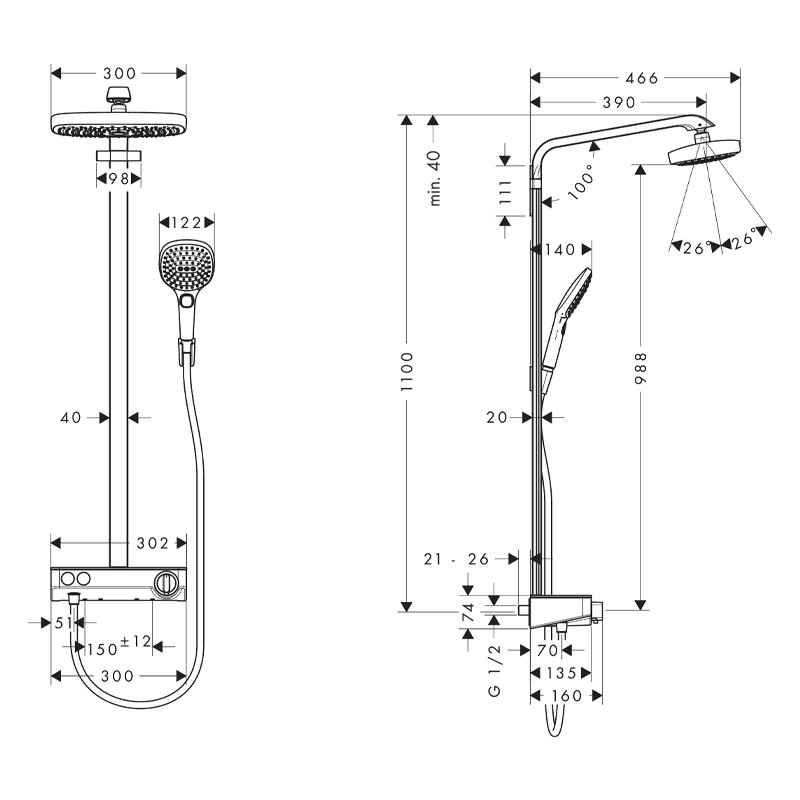 Coloana dus cu baterie si termostat Hansgrohe, Raindance Select E300, crom - 1 | YEO